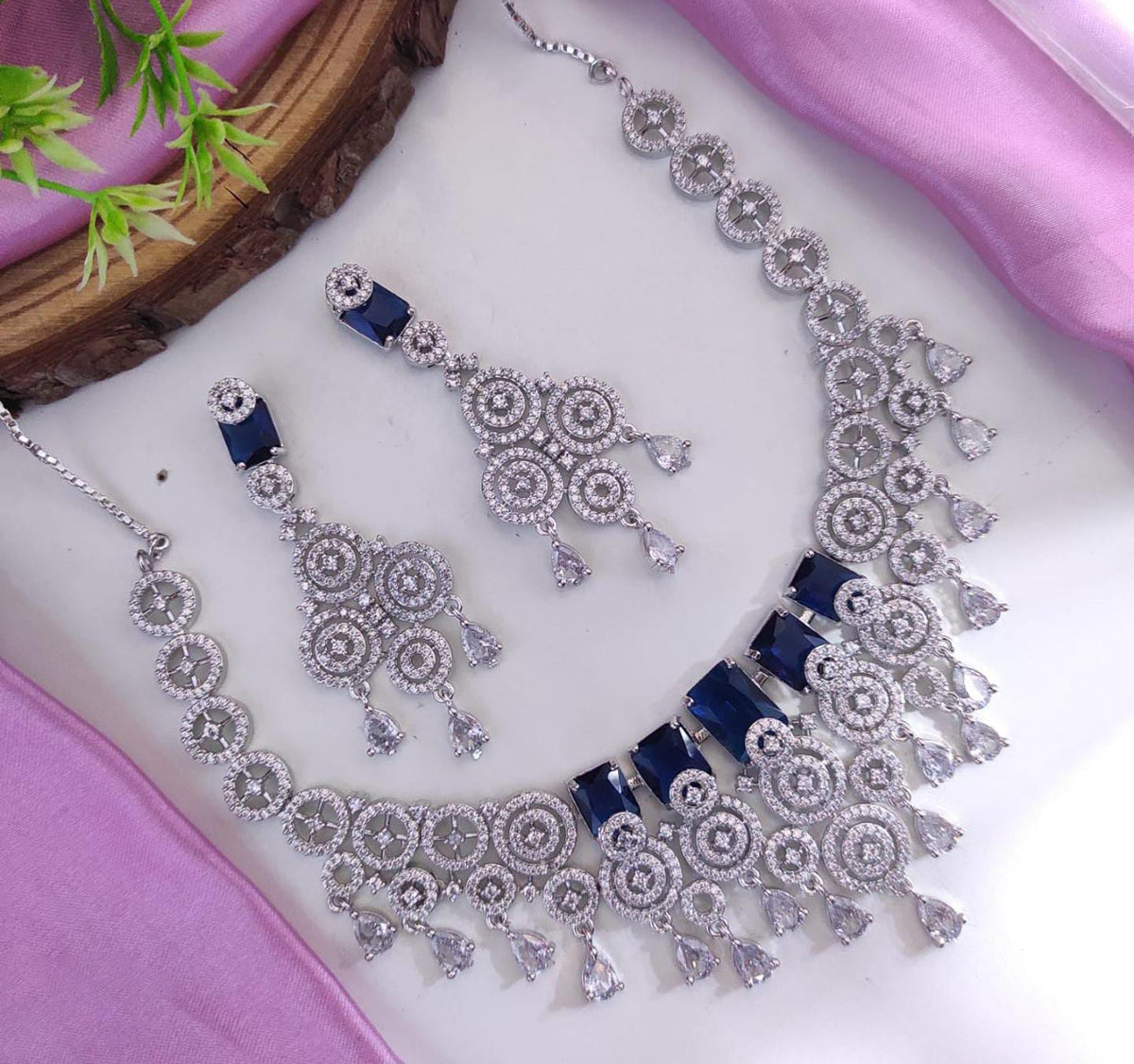 Layered CZ Silver Indian Choker Earrings Set For Women - AD Choker Set