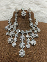 Sterling Floral Silver Finish AD Choker Earrings Set For Wedding