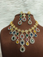 Sterling Floral Silver Finish AD Choker Earrings Set For Wedding