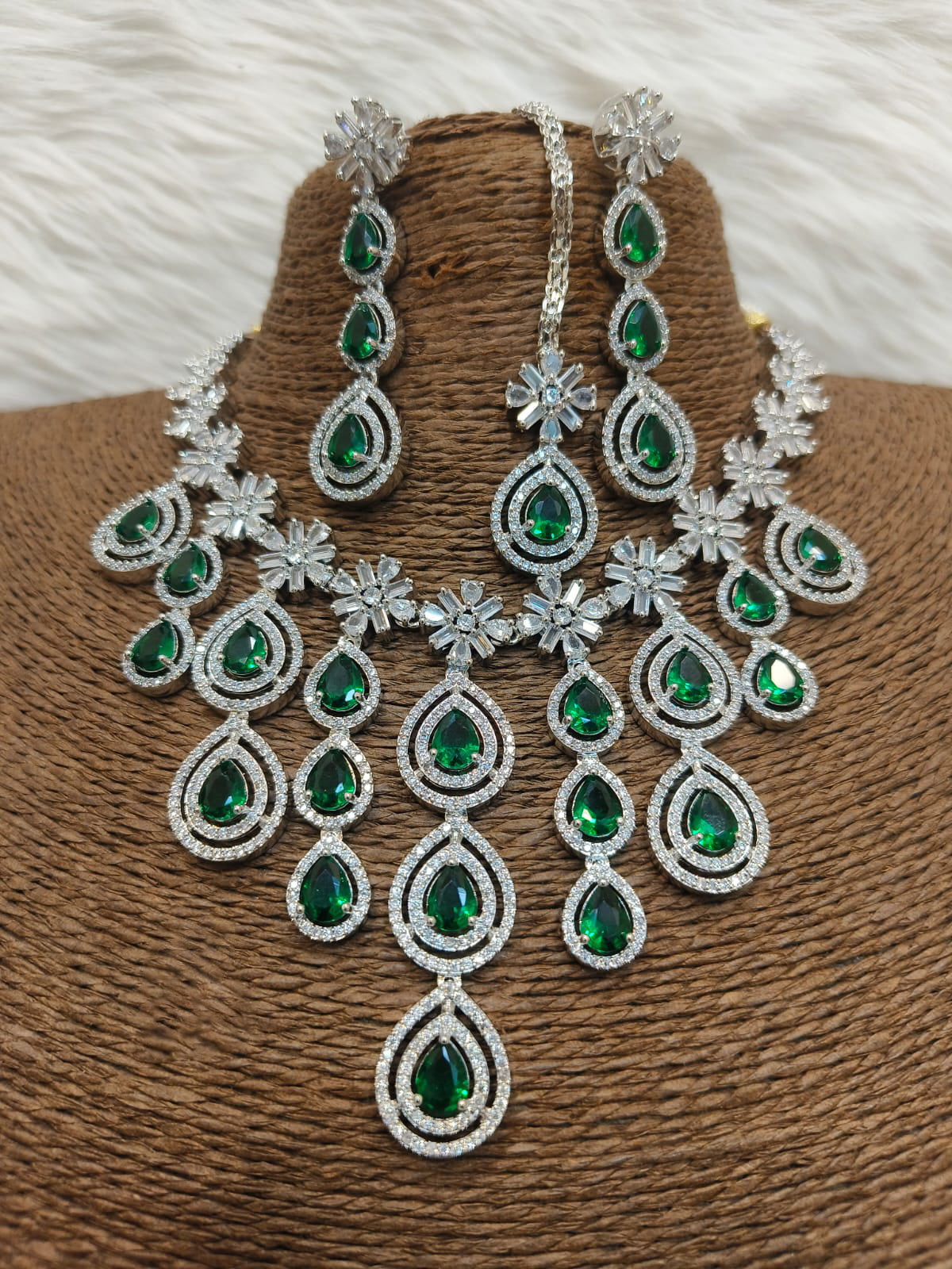 Sterling Floral Silver Finish AD Choker Earrings Set For Wedding