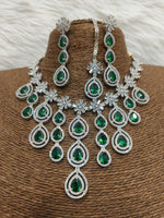 Sterling Floral Silver Finish AD Choker Earrings Set For Wedding