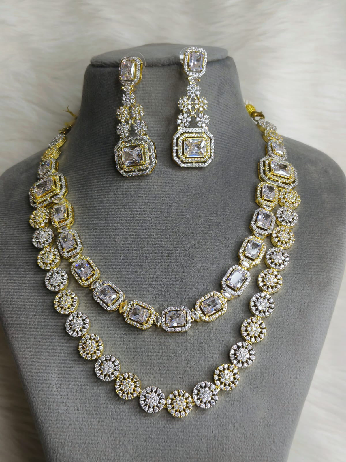 Wedding Double Layered AD Floral Design Necklace Earrings Indian Jewelry
