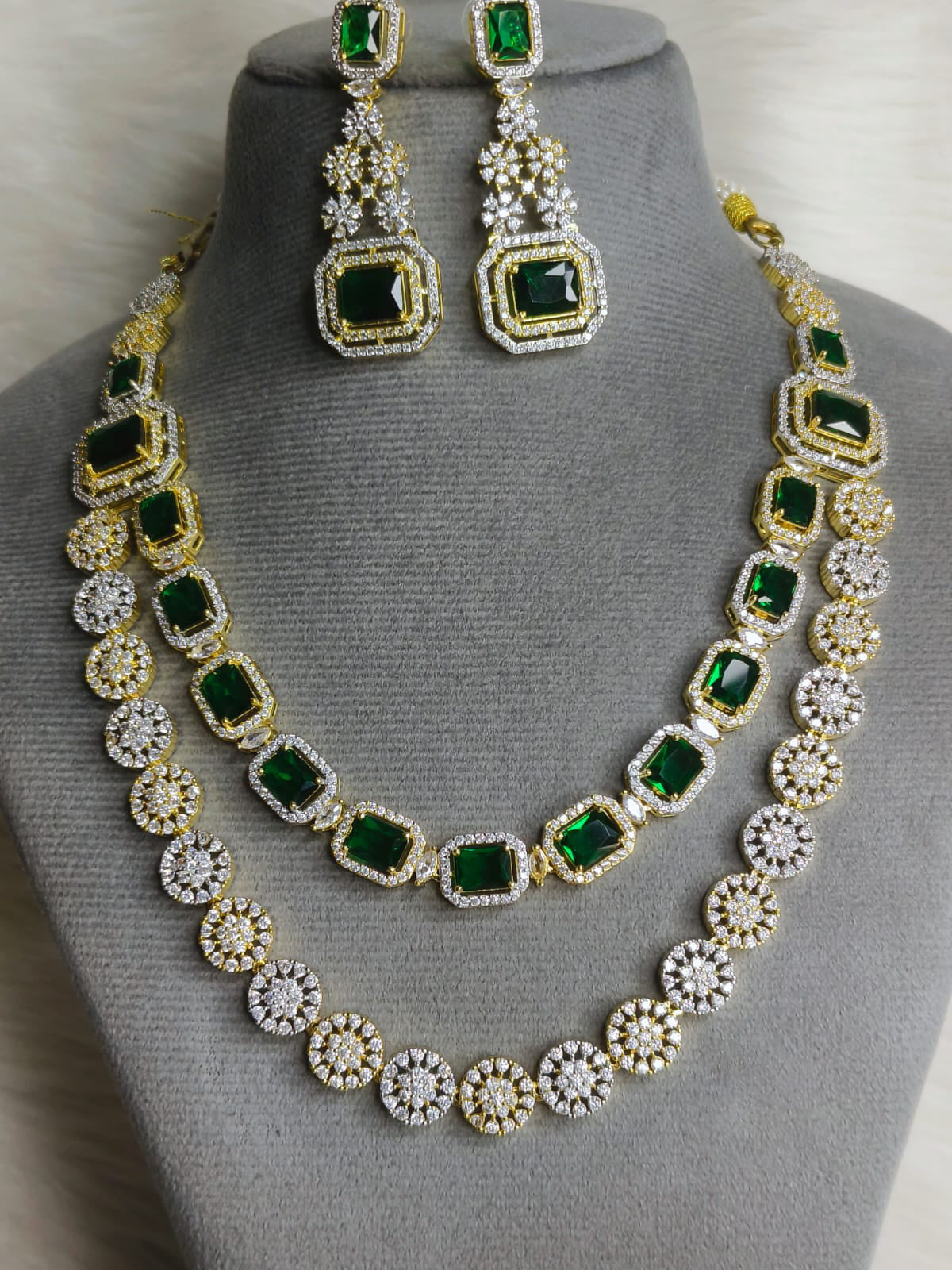 Wedding Double Layered AD Floral Design Necklace Earrings Indian Jewelry