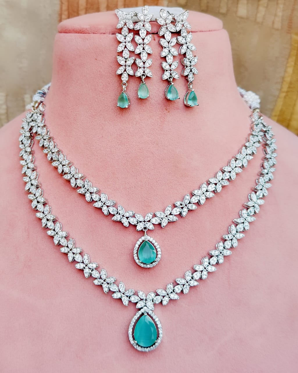 Silver Finish American Diamond Double Layer Floral Choker Earrings Set For Wedding