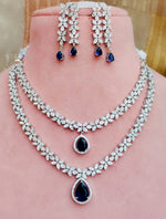 Silver Finish American Diamond Double Layer Floral Choker Earrings Set For Wedding