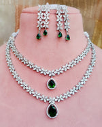 Silver Finish American Diamond Double Layer Floral Choker Earrings Set For Wedding