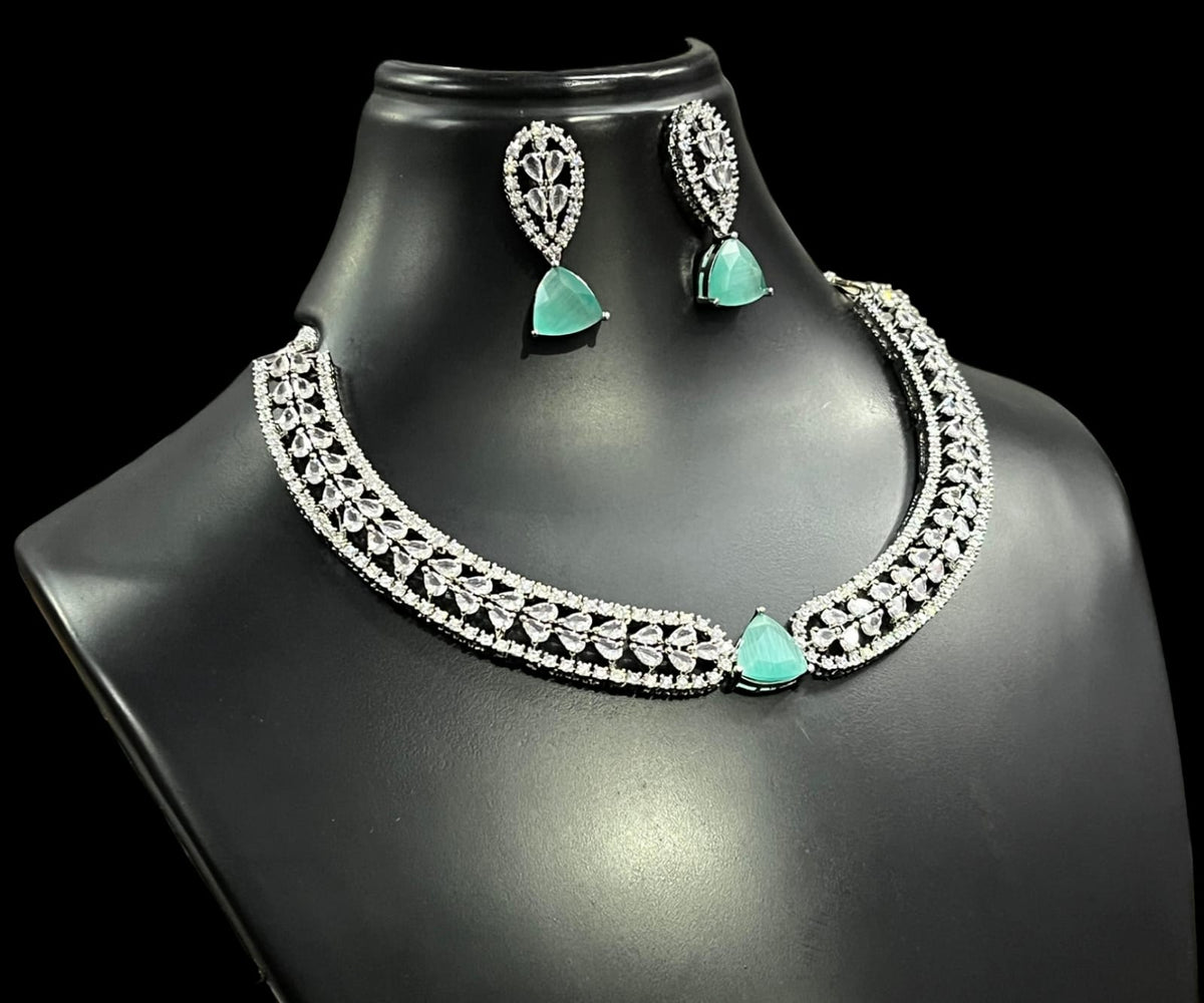 Silver Finish Flower Design CZ Choker Earrings Set For Wedding | Elegant Bridal Jewelry Set