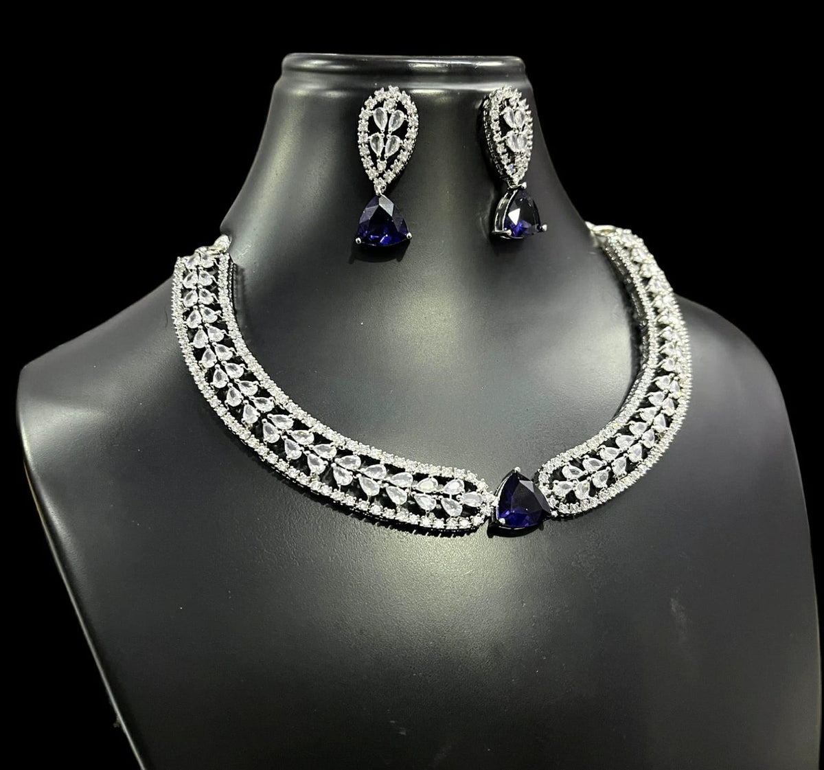 Silver Finish Flower Design CZ Choker Earrings Set For Wedding | Elegant Bridal Jewelry Set