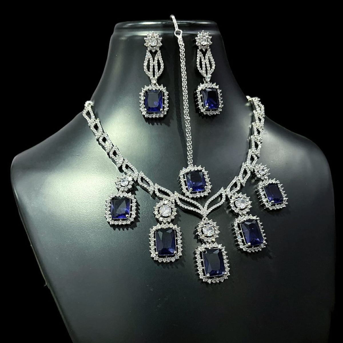 Square American Diamond Stone Work Necklace Earring Mangtikka Set