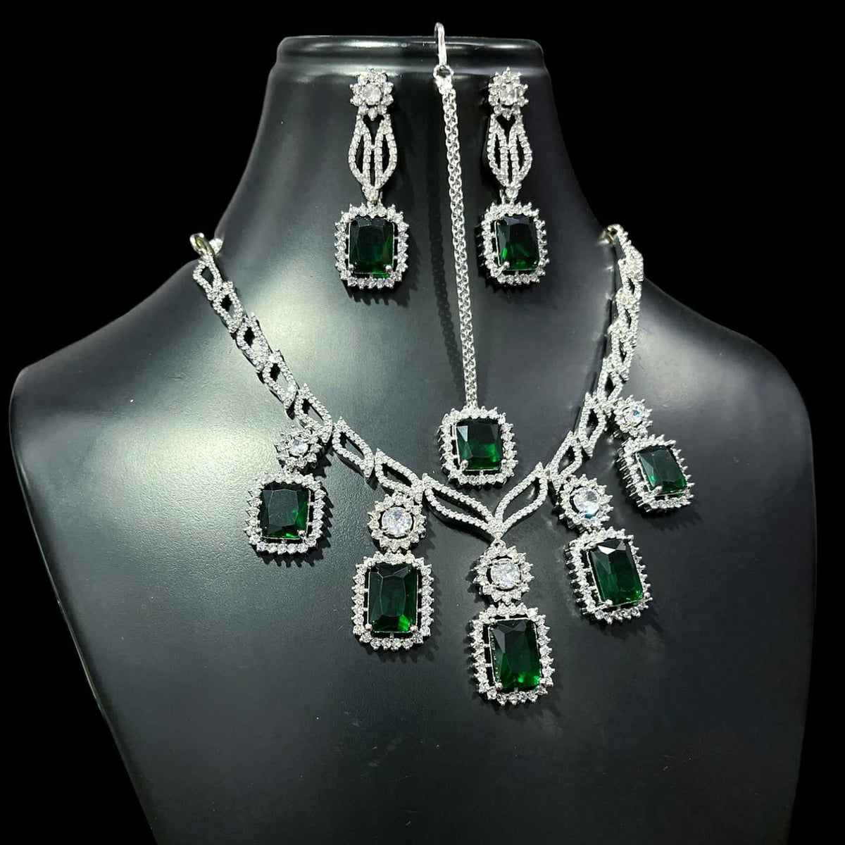 Square American Diamond Stone Work Necklace Earring Mangtikka Set