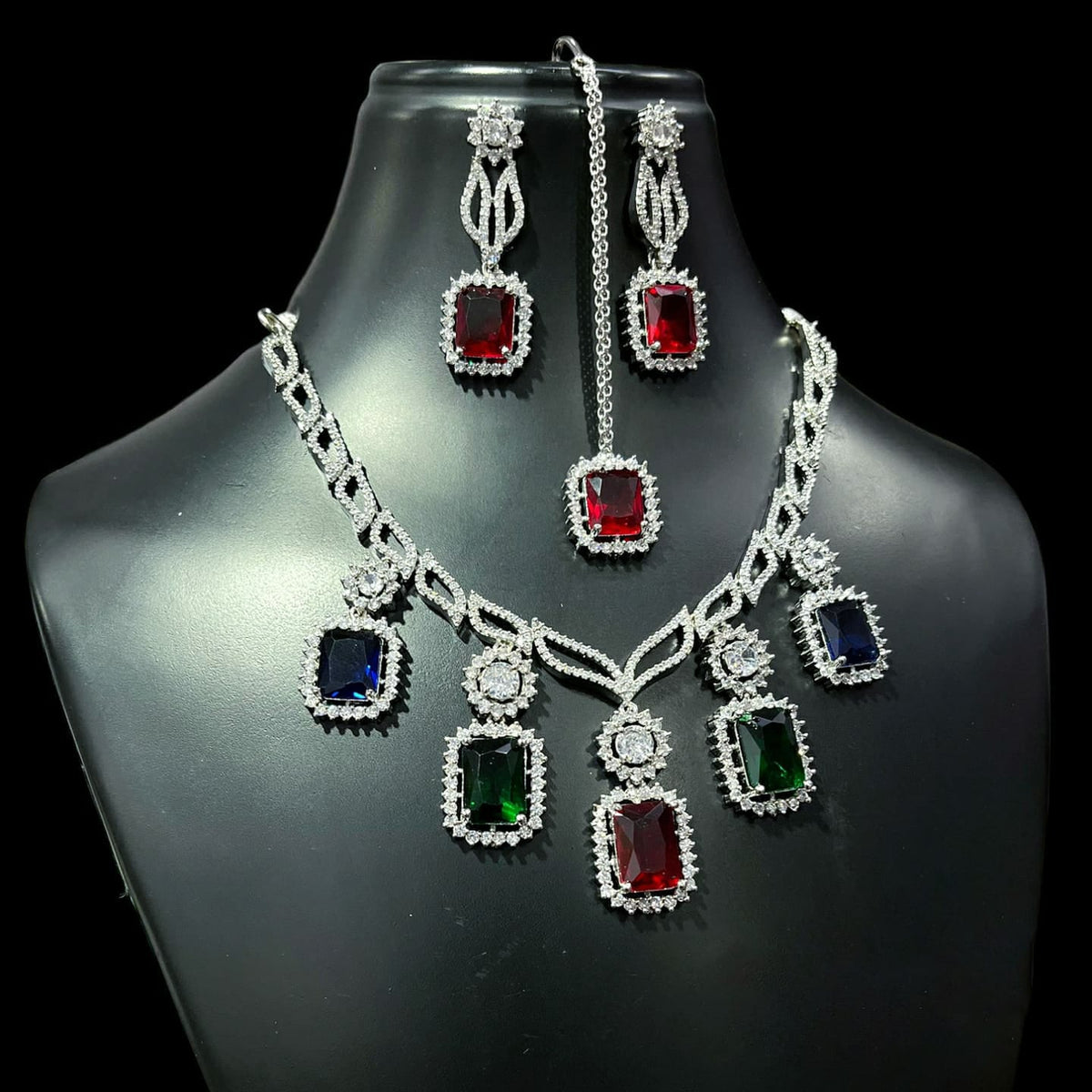 Square American Diamond Stone Work Necklace Earring Mangtikka Set
