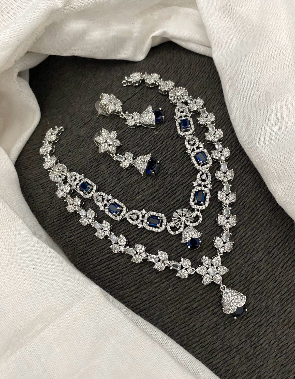 Pakistani Double Layered Floral AD Necklace Earring Set For Wedding