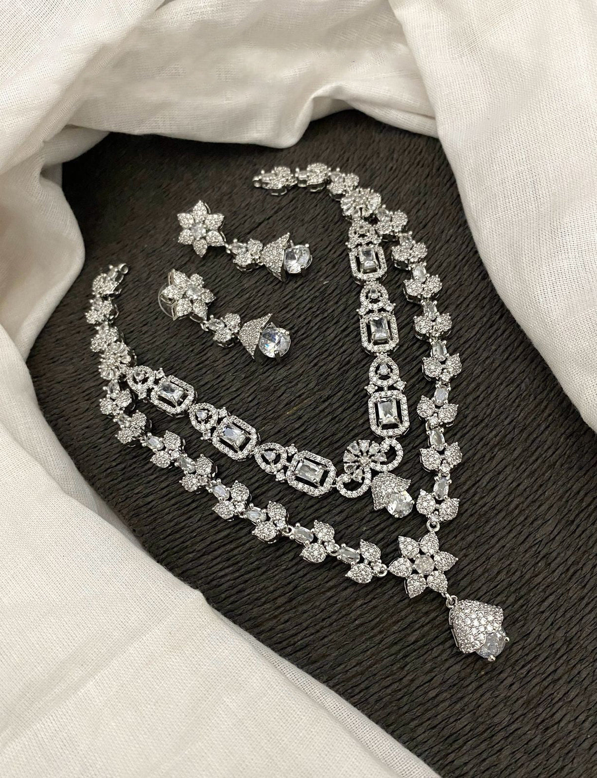 Pakistani Double Layered Floral AD Necklace Earring Set For Wedding