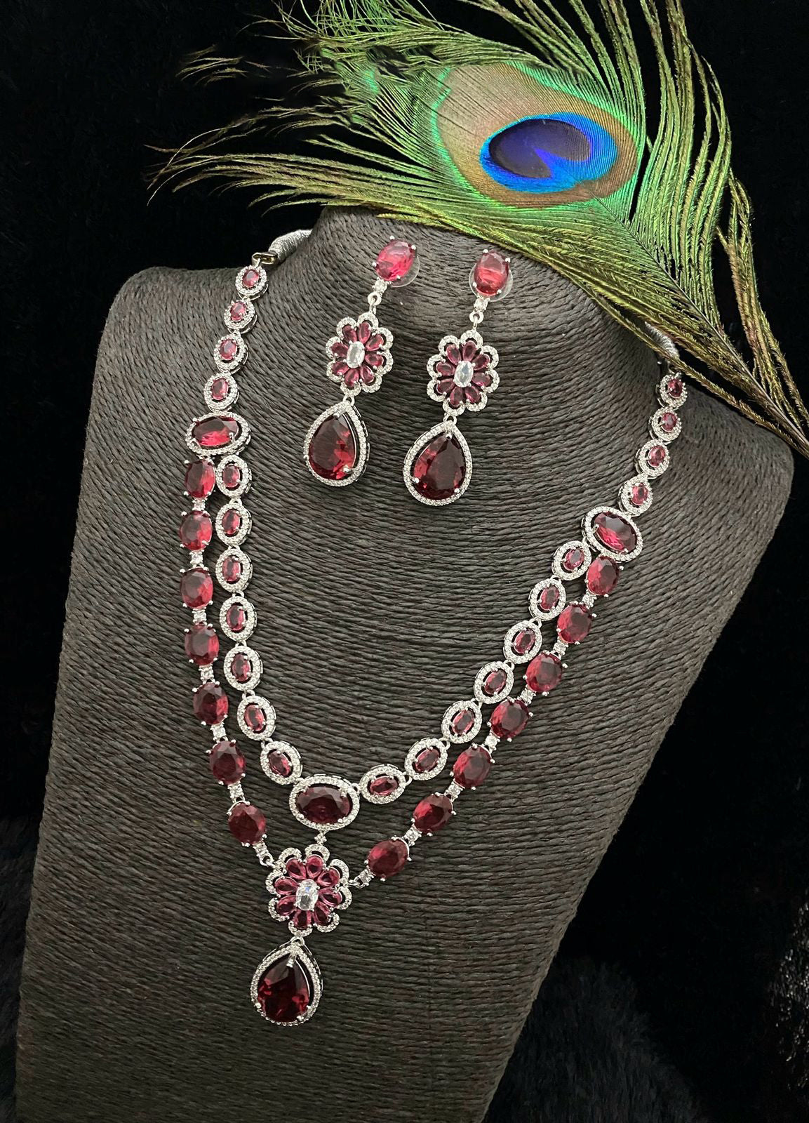 Punjabi Floral Double Layer CZ Statement Necklace Earring Set For Wedding