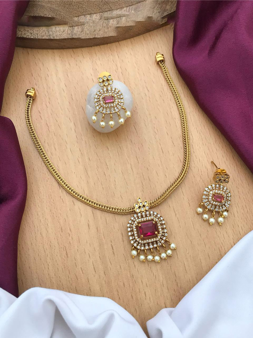 Rajsthani Handcrafted Gold Tone AD Necklace Earring Set For Wedding