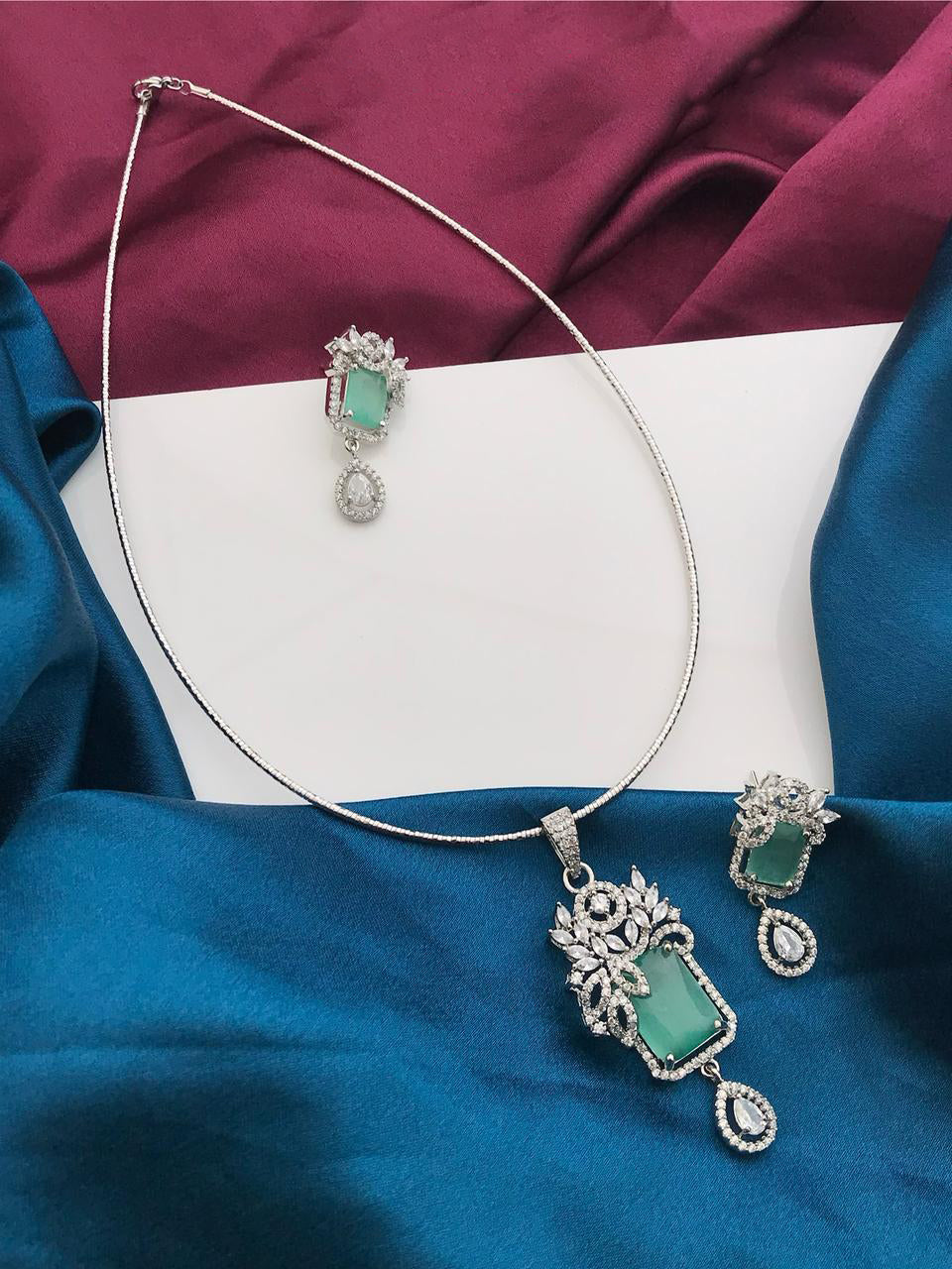 Silver Tone ADStatement Necklace Earring Set For Wedding