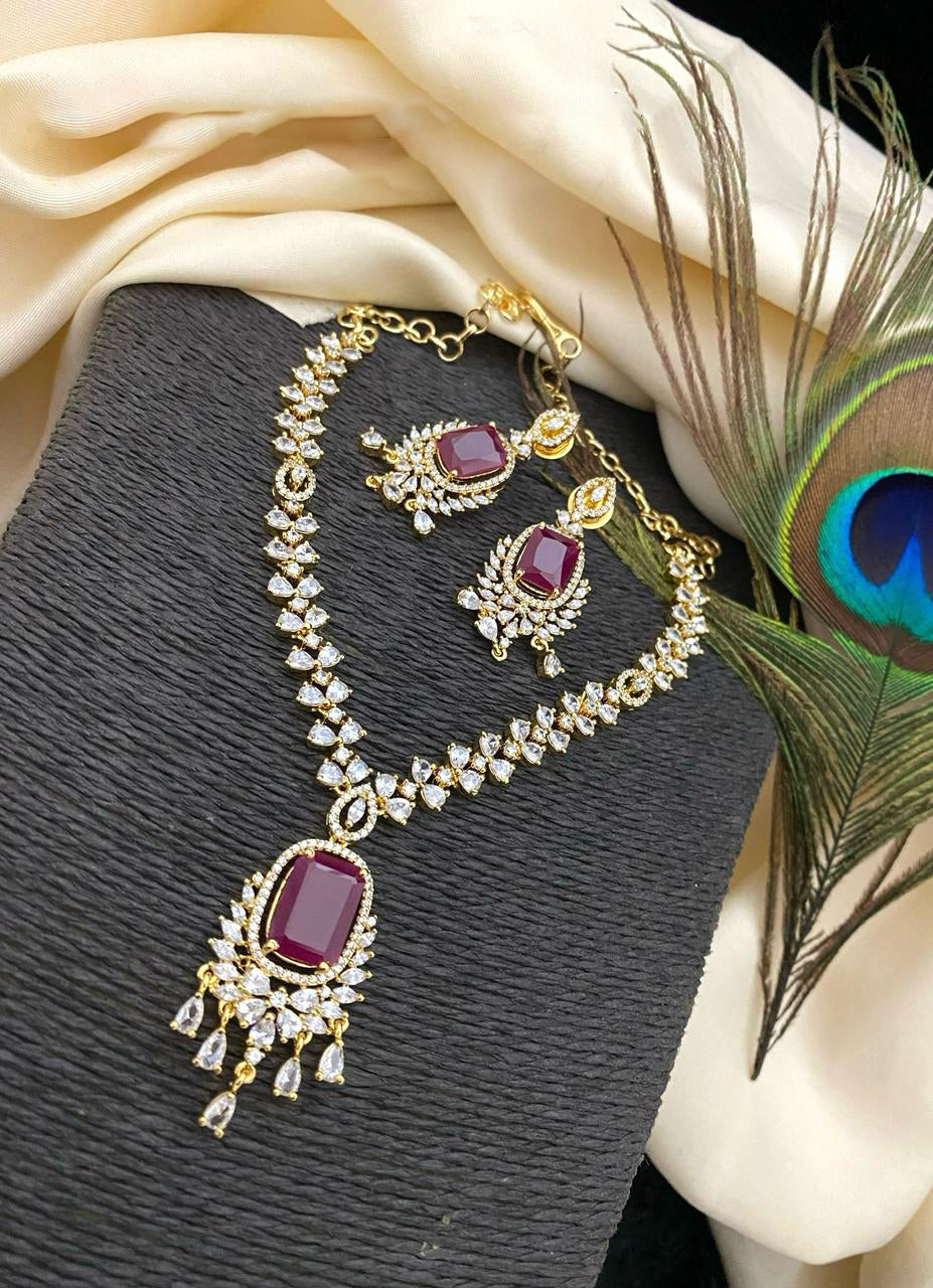 Gold Plated Kundan AD Necklace Earring Set For Wedding