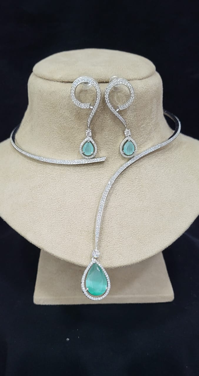 Indian Silver Plated American Diamond Stylish Necklace Earring Set For Wedding