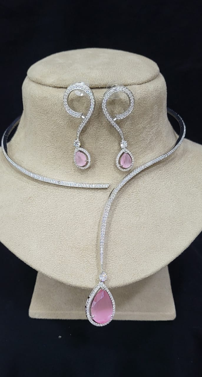 Indian Silver Plated American Diamond Stylish Necklace Earring Set For Wedding