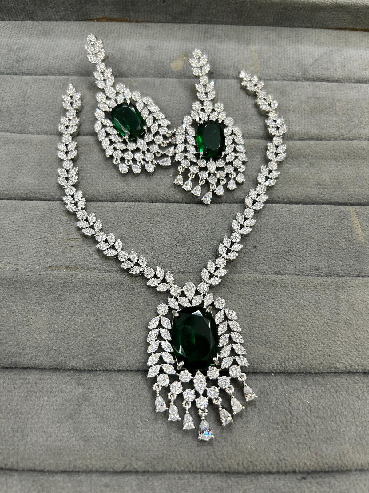 Indian Ethnic Silver Plated AD CZ Floral Necklace Earring Set For Wedding