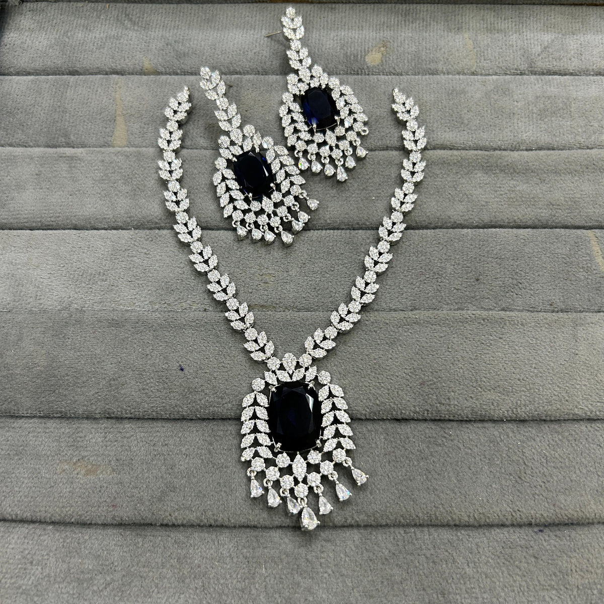 Indian Ethnic Silver Plated AD CZ Floral Necklace Earring Set For Wedding