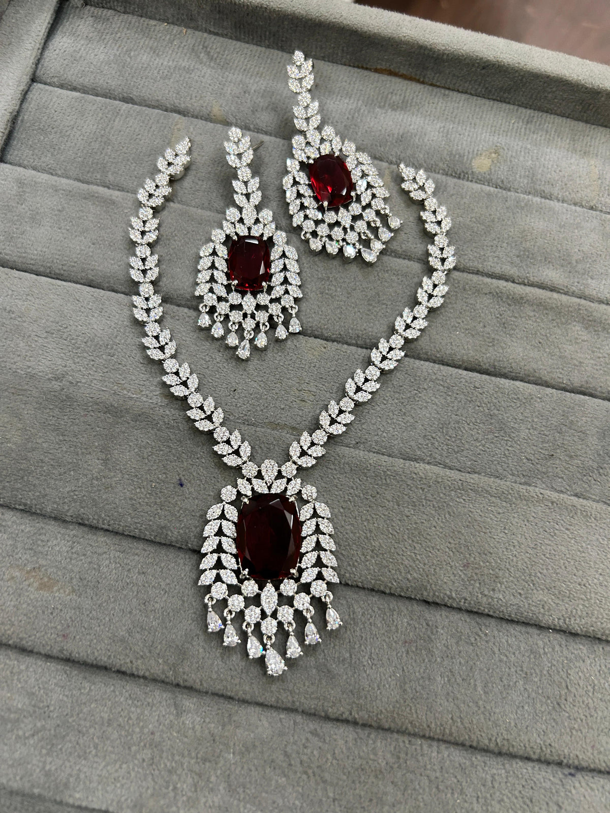 Indian Ethnic Silver Plated AD CZ Floral Necklace Earring Set For Wedding