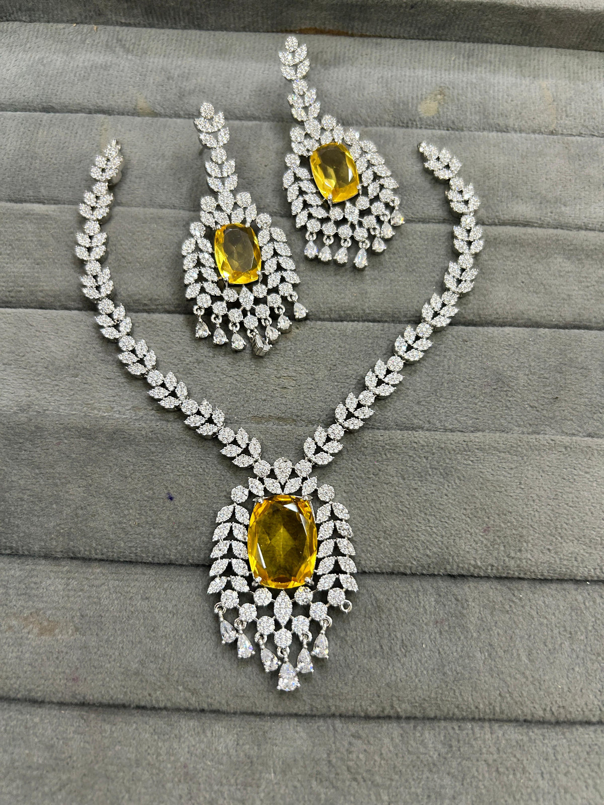 Indian Ethnic Silver Plated AD CZ Floral Necklace Earring Set For Wedding