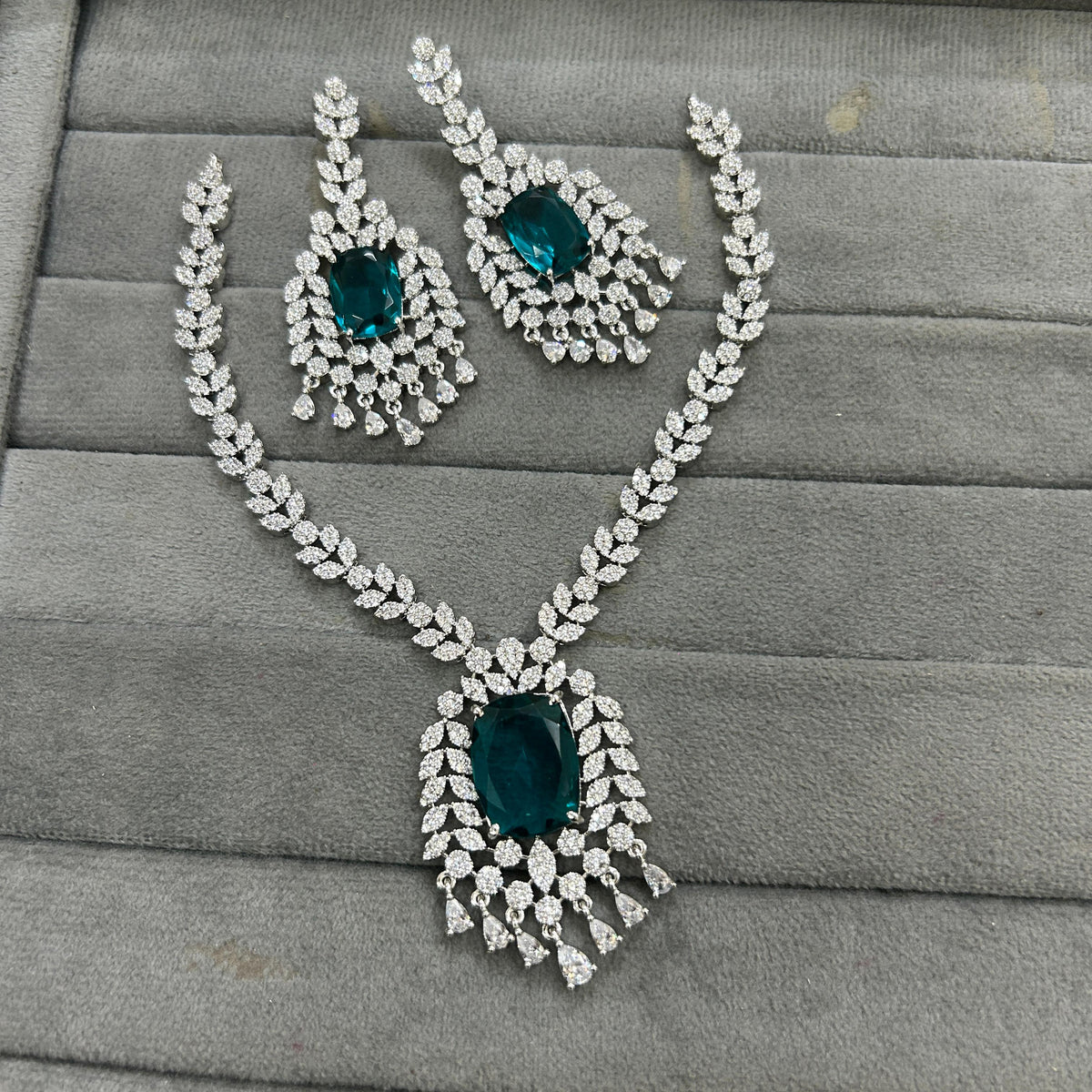 Indian Ethnic Silver Plated AD CZ Floral Necklace Earring Set For Wedding