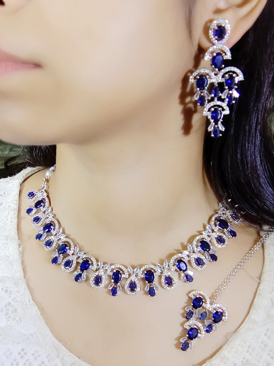 Pakistani Ethnic Floral Silver Plated CZ Choker Earring Mangtikka Set For Bridal Wedding