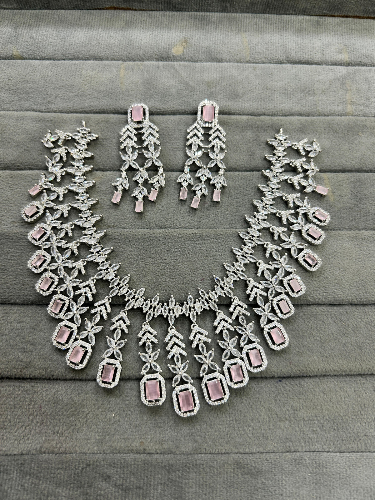 Wedding Silver Plated Layered American Dimond Floral Choker Earring Set