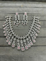 Wedding Silver Plated Layered American Dimond Floral Choker Earring Set
