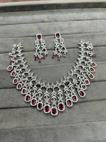 Wedding Silver Plated Layered American Dimond Floral Choker Earring Set
