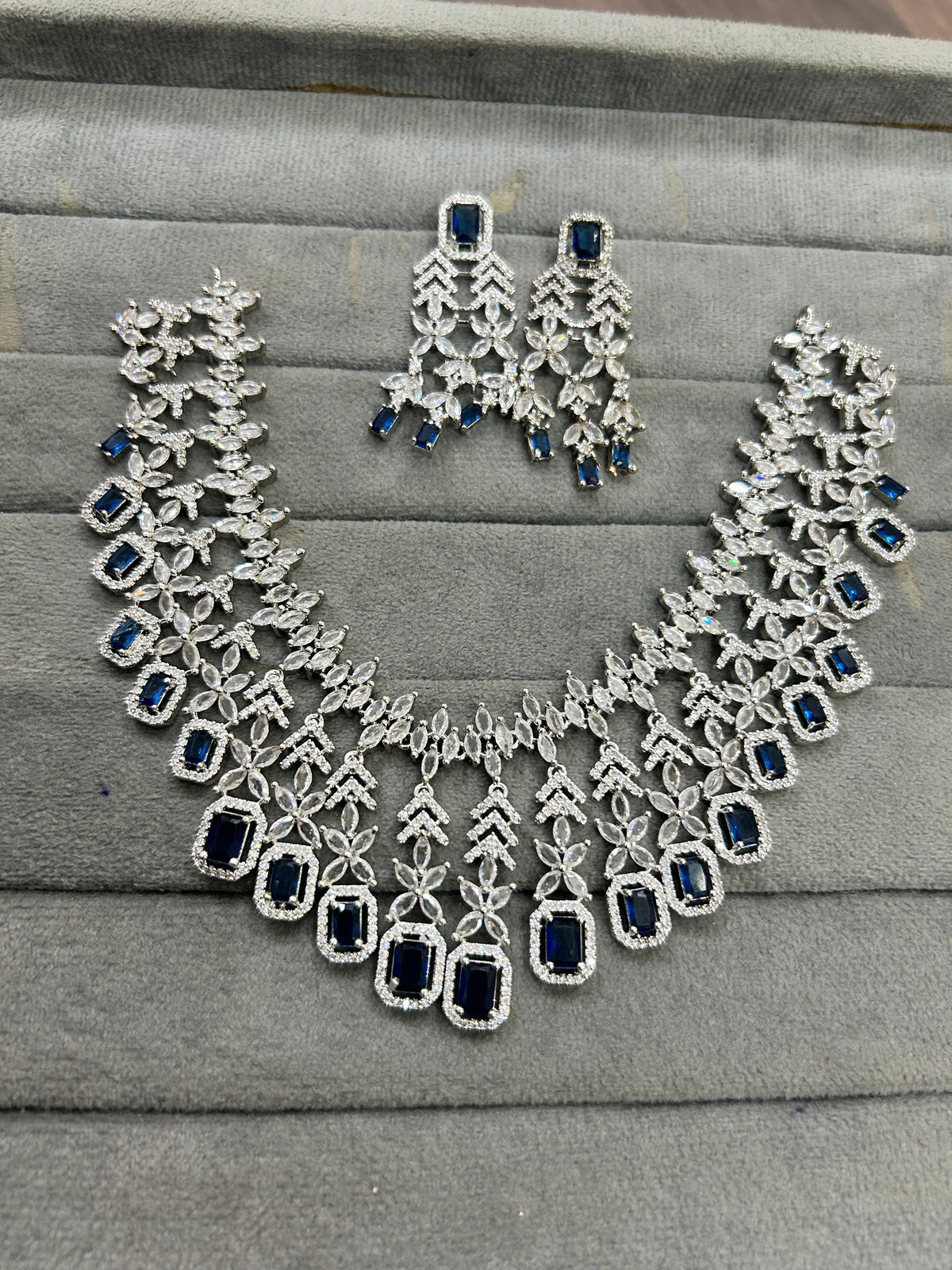 Wedding Silver Plated Layered American Dimond Floral Choker Earring Set