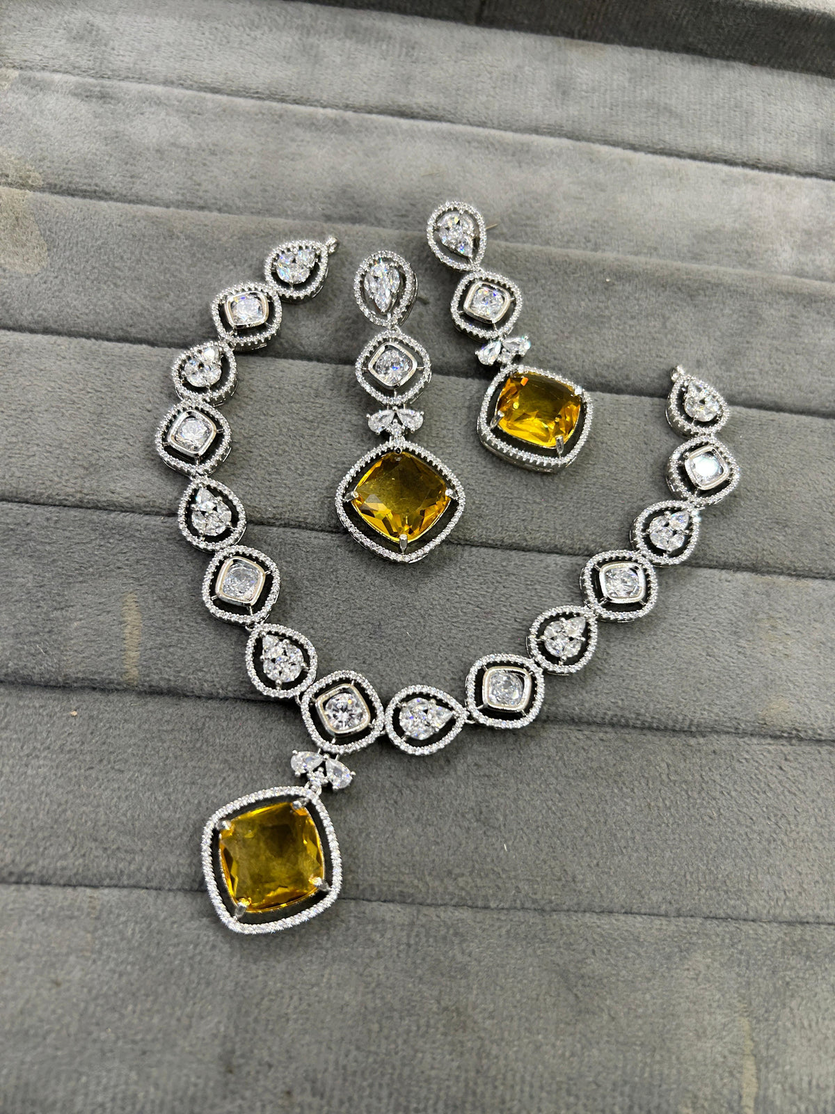 Bollywood Wedding American Diamond Silver Plated Necklace Earring Set