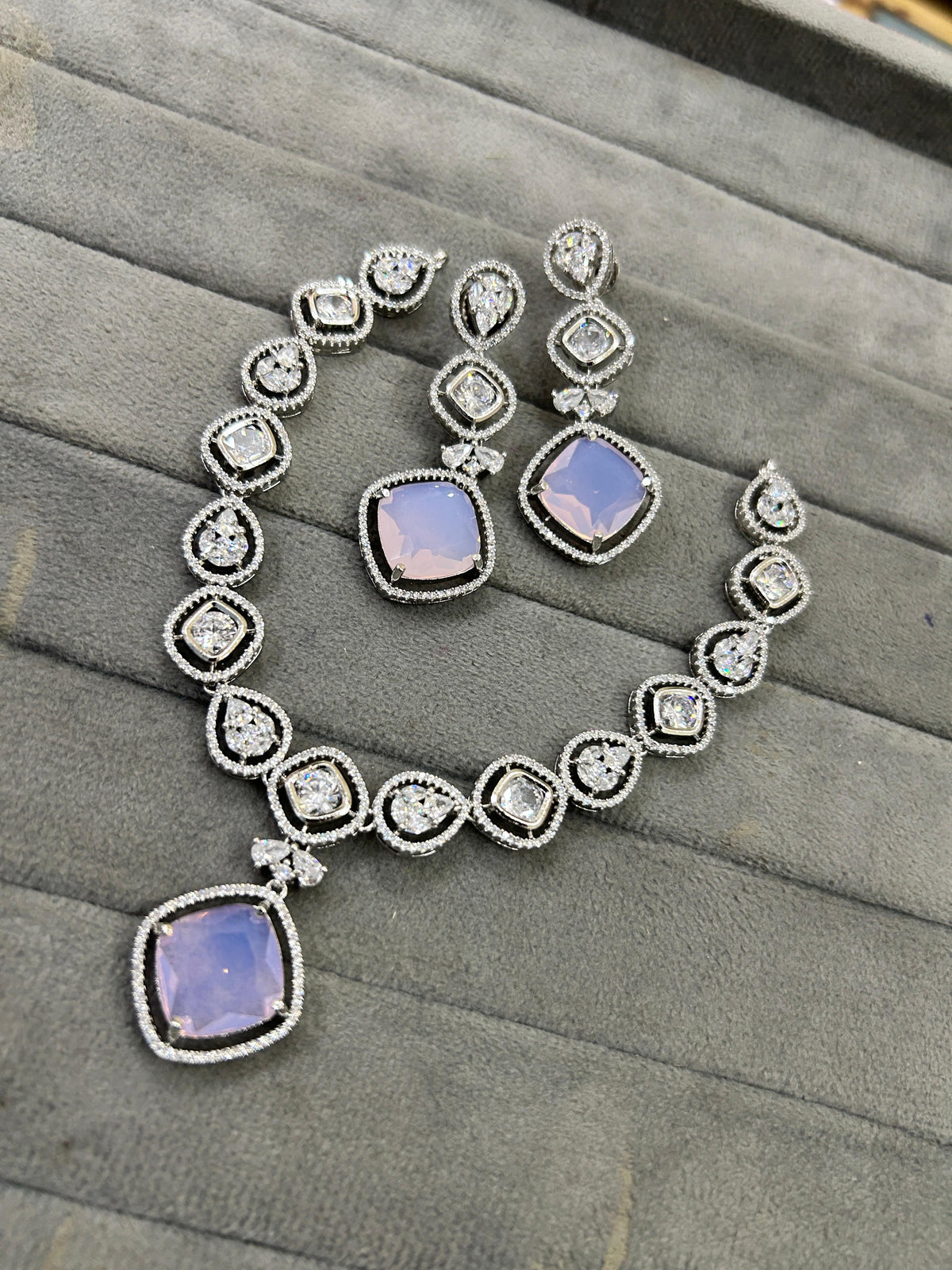 Bollywood Wedding American Diamond Silver Plated Necklace Earring Set