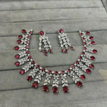 Silver Tone CZ AD Flower Design Bridal Choker Earring Set For Wedding