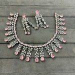 Silver Tone CZ AD Flower Design Bridal Choker Earring Set For Wedding