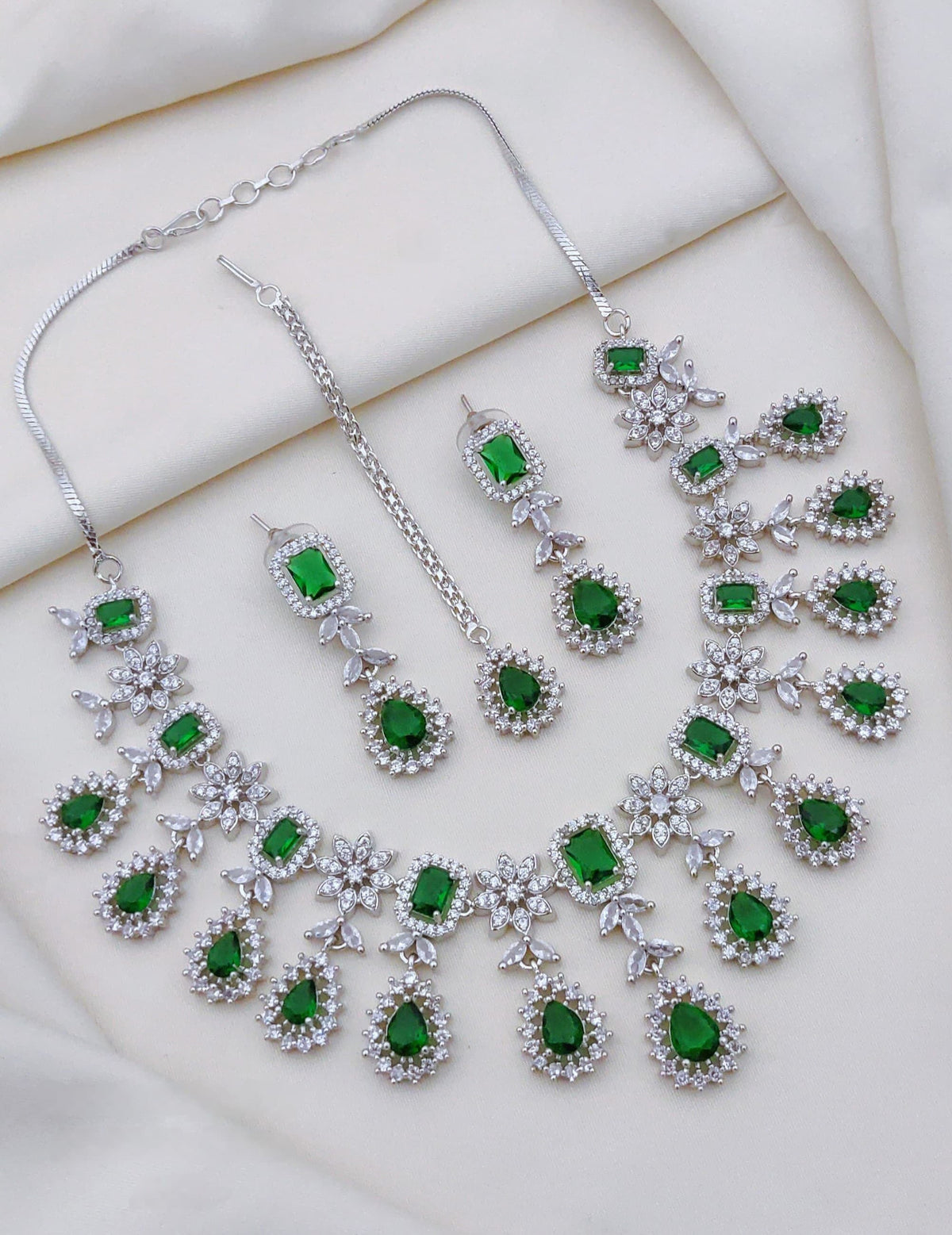 Indian Flower Design Silver Plated AD CZ Choker Earring Mangtikka Set