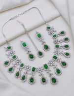 Indian Flower Design Silver Plated AD CZ Choker Earring Mangtikka Set