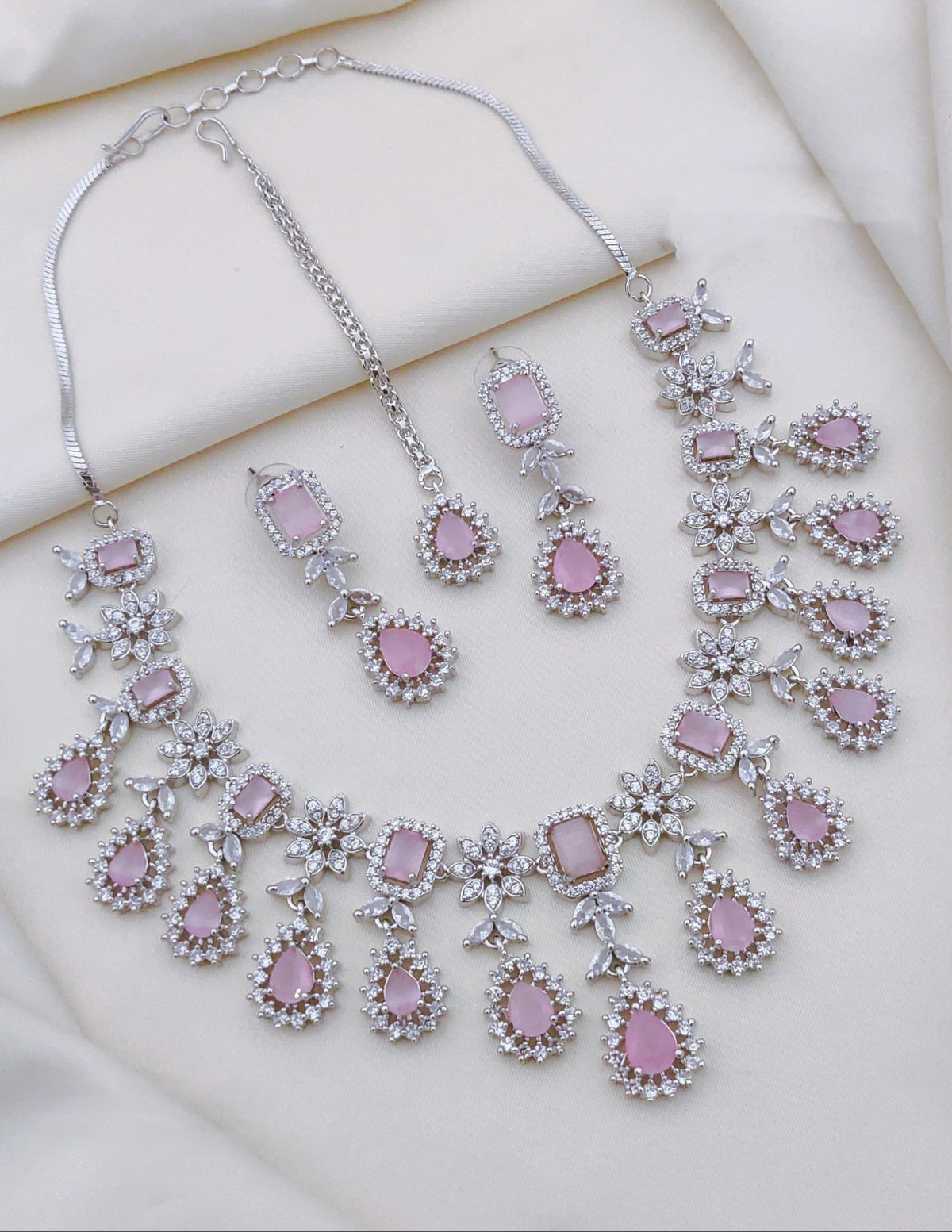 Indian Flower Design Silver Plated AD CZ Choker Earring Mangtikka Set