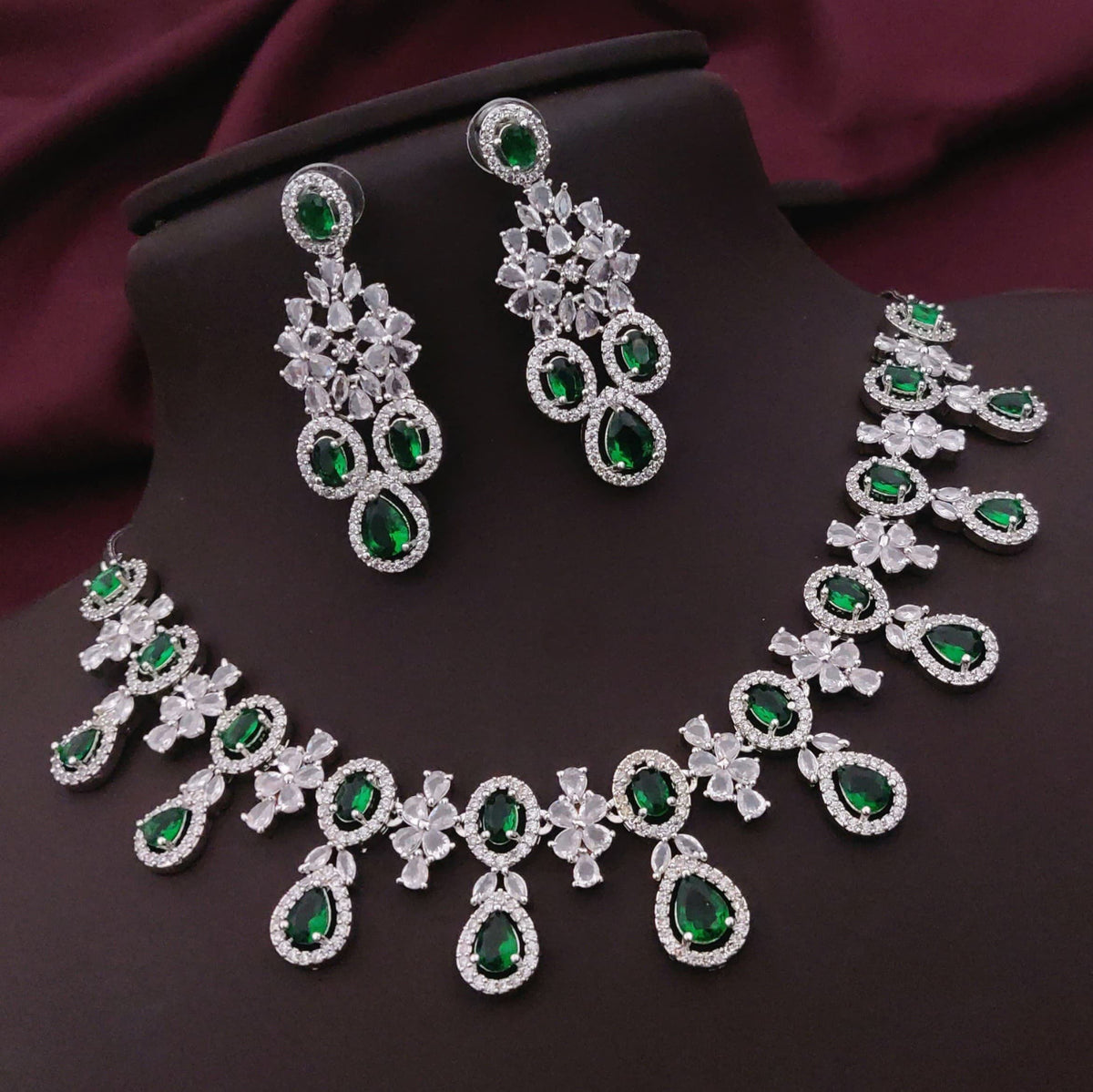 Traditional Silver Plated Floral AD CZ Choker Earring Set For Women