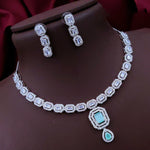 Bridal Wedding Silver Plated Squaral Shaped AD CZ Stone Necklace Earring Set