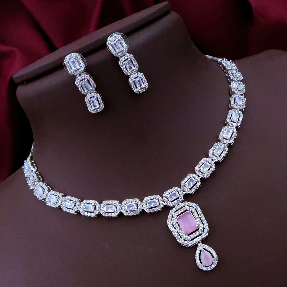 Bridal Wedding Silver Plated Squaral Shaped AD CZ Stone Necklace Earring Set