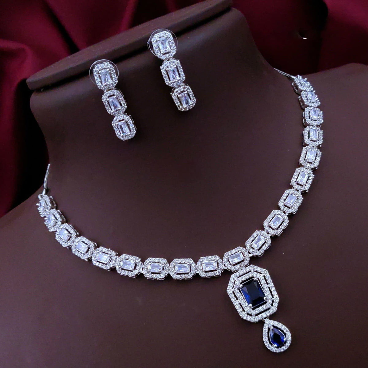 Bridal Wedding Silver Plated Squaral Shaped AD CZ Stone Necklace Earring Set