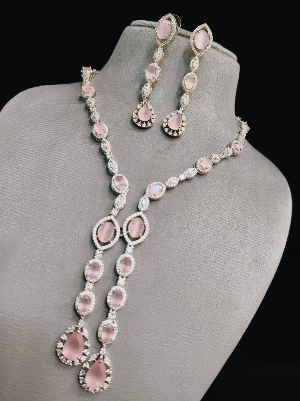 Indian Statement Bridal AD Silver Plated Necklace Earring Set For Wedding