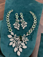 Wedding Flower Design CZ Silver Tone Necklace Earring Set
