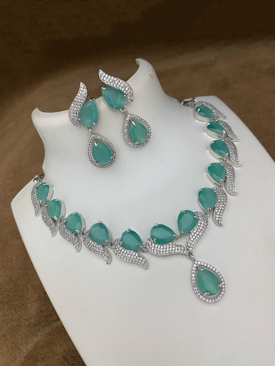 Pakistani Teardop CZ Silver Plated AD Necklace Earring Set For Wedding