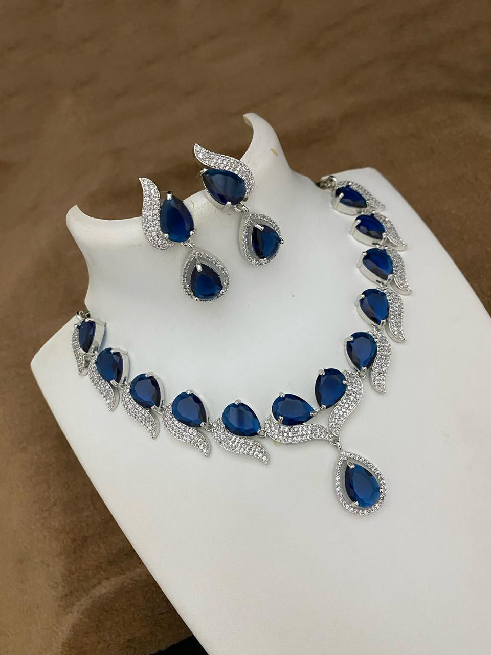 Pakistani Teardop CZ Silver Plated AD Necklace Earring Set For Wedding