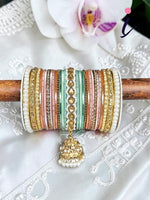 Pink & Mint Bridal Jhumki Bangles Set, Stones Pearl work, Wedding bangles, Indian Jewelry