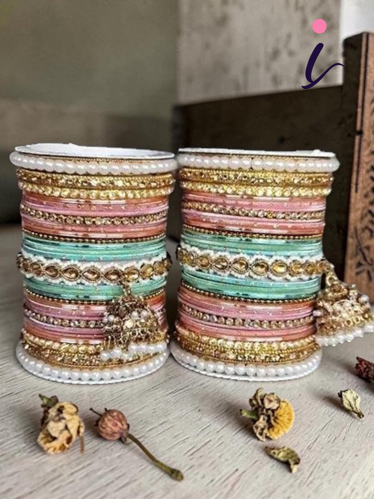 Pink & Mint Bridal Jhumki Bangles Set, Stones Pearl work, Wedding bangles, Indian Jewelry